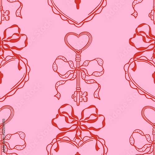 Seamless pink and red pattern with hand drawn heart shaped love lock and key, coquette whimsical bows. Romantic Valentines Day or wedding design. Vector background for wallpaper, textile, wrapping.
