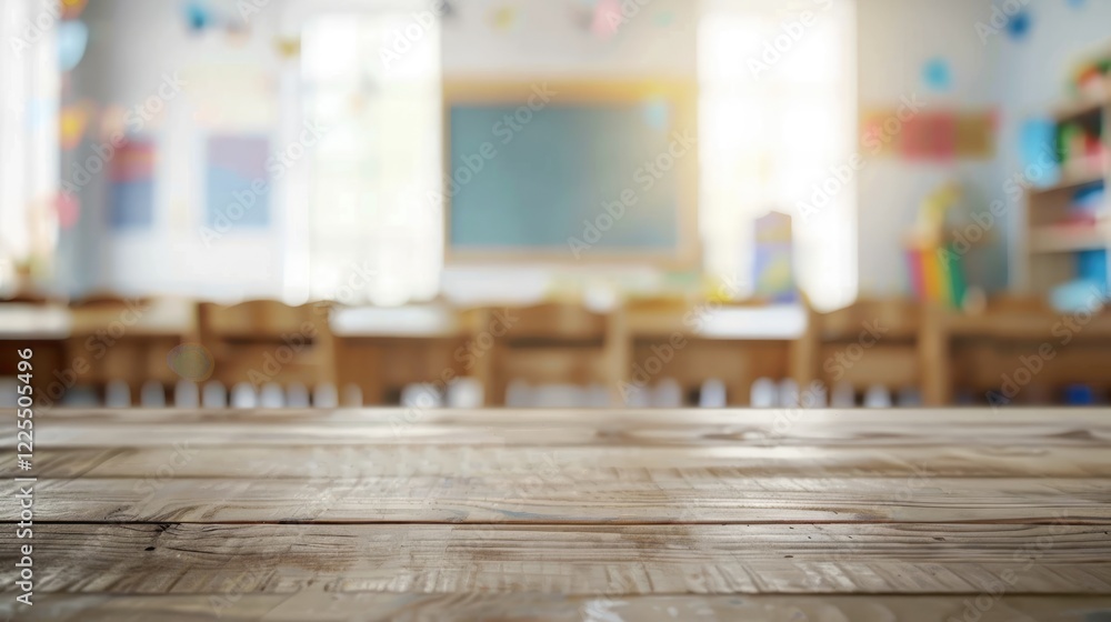 Blurred schoolchild room interior background with a blank wooden table top Blurred schoolchild room interior background with a blank wooden table top