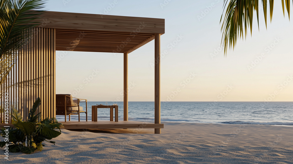 A natural, understated beachfront retreat featuring a wooden cabana with an open roof design. A natural, understated beachfront retreat featuring a wooden cabana with an open roof design.