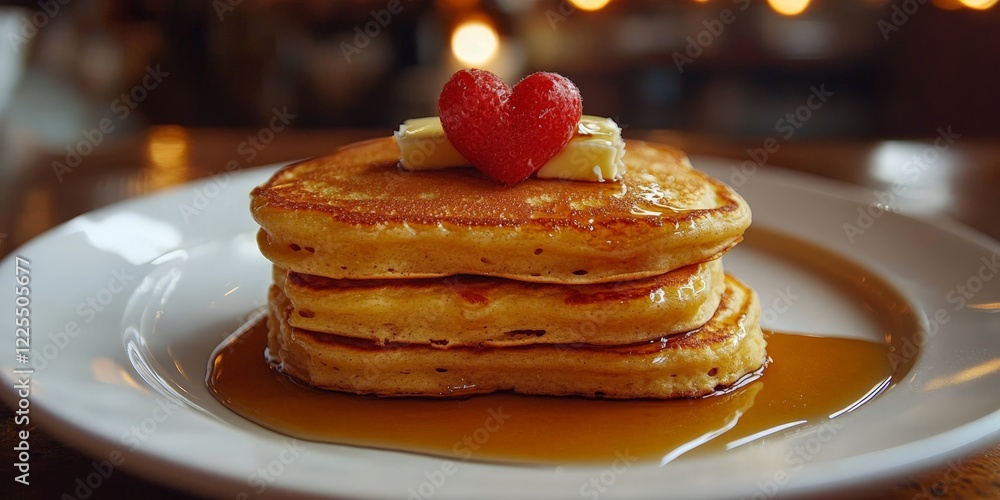 Fluffy pancakes stacked with syrup and butter, surrounded by rustic decor. Perfect for breakfast concepts.