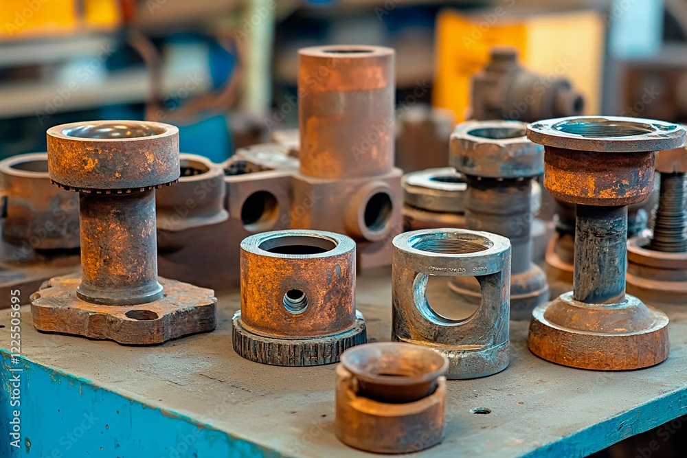 Rusty metal components arranged on a workbench in an industrial setting Rusty metal components arranged on a workbench in an industrial setting