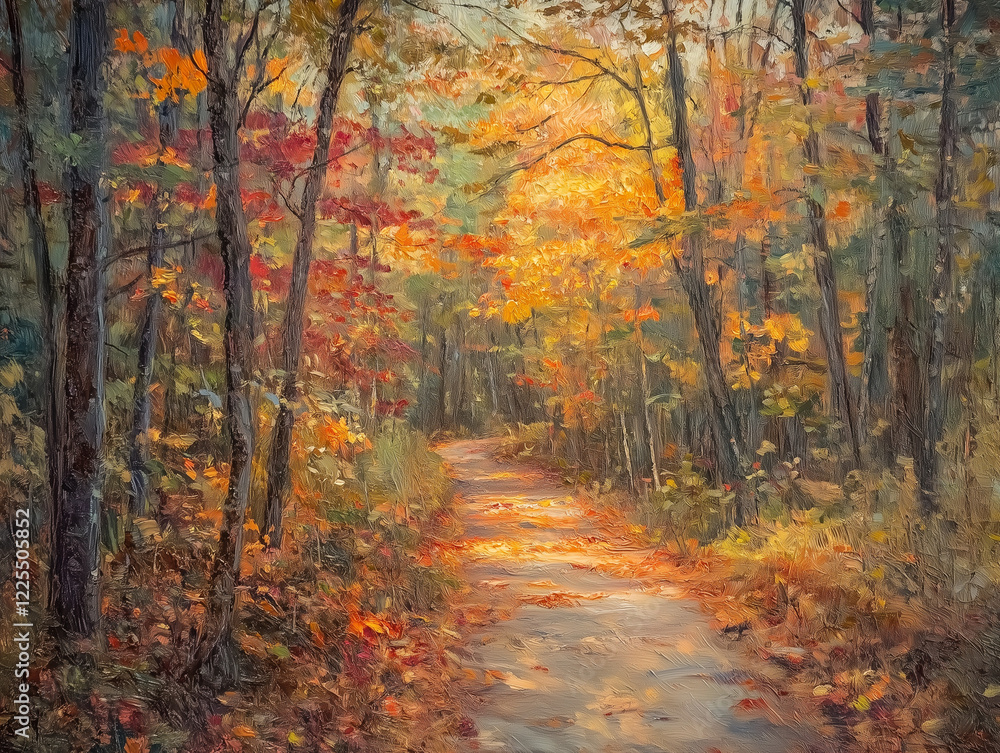 Autumn Forest Path with Golden Leaves – Serene Fall Landscape Painting Autumn Forest Path with Golden Leaves – Serene Fall Landscape Painting