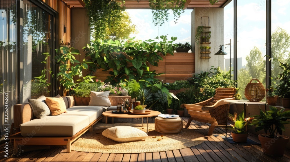 Fototapeta premium Bohemian-inspired home terrace with wood, cozy furniture, and greenery on a sunny day