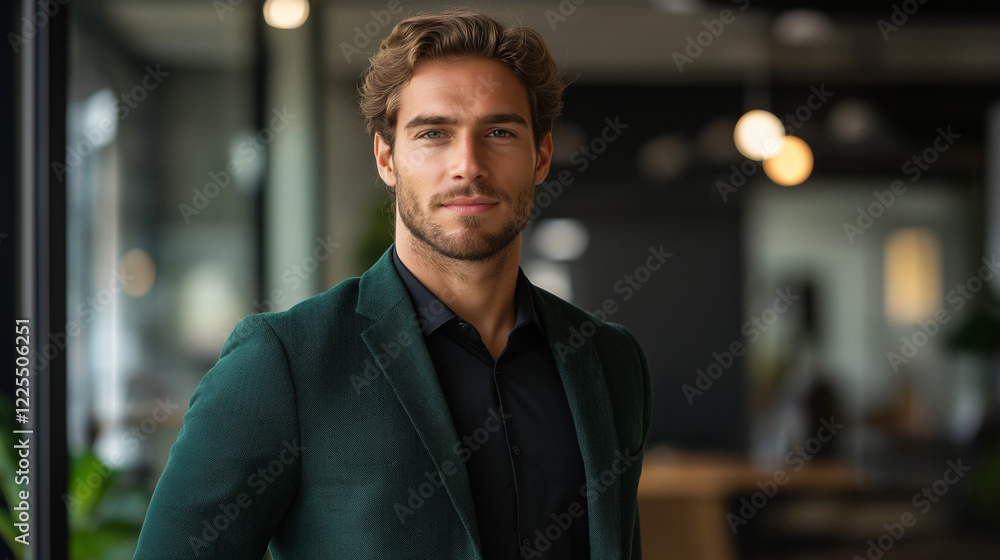 Obraz premium A tech-savvy male business professional in a fitted dark green blazer over a black shirt, standing in front of a blurred contemporary office with sleek decor,