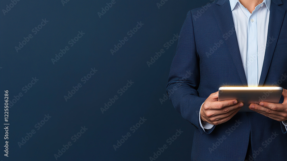 man in blue suit holds glowing tablet against dark background, symbolizing technology and innovation in business. image conveys sense of modernity and professionalism man in blue suit holds glowing tablet against dark background, symbolizing technology and innovation in business. image conveys sense of modernity and professionalism