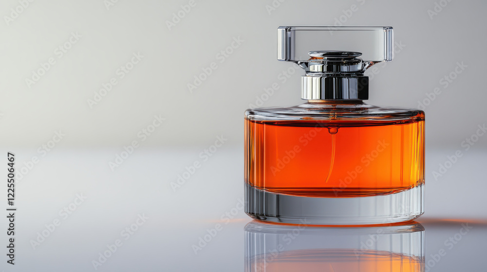 A high-end product shot of an intricate perfume bottle, crystal-clear with delicate orange liquid, positioned against a solid white background for a clean and striking presentation A high-end product shot of an intricate perfume bottle, crystal-clear with delicate orange liquid, positioned against a solid white background for a clean and striking presentation