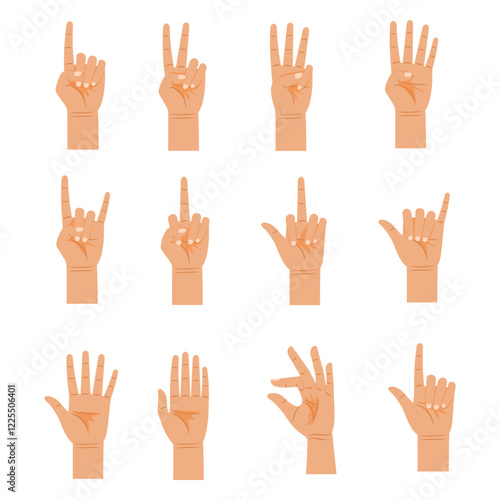 twelve different hand gestures, each with varying finger positions and orientations, on a white background.