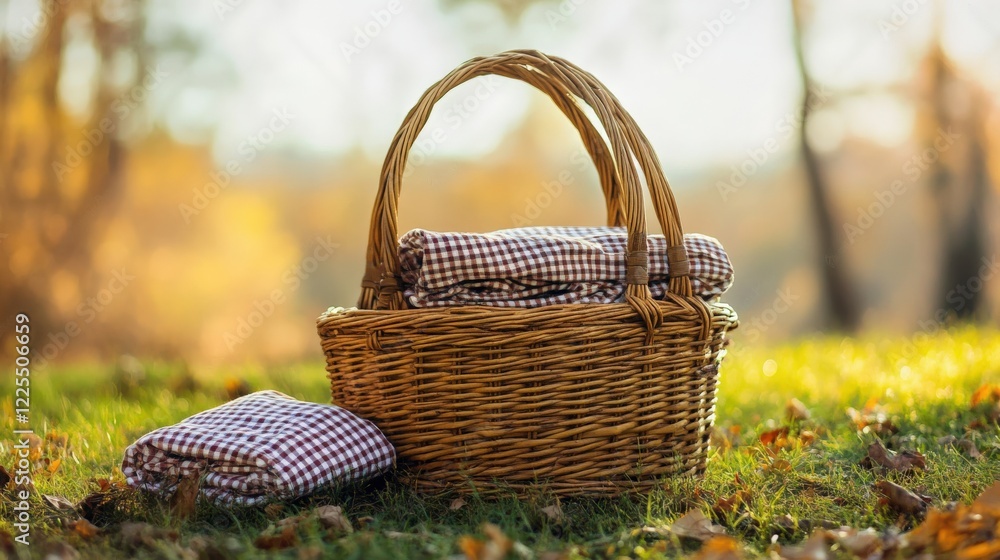 Woven Basket with Checked Blankets in Autumn Park Woven Basket with Checked Blankets in Autumn Park