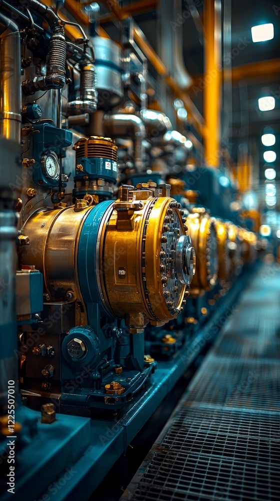 A captivating view of sophisticated industrial machinery with shiny metallic surfaces, highlighting the advanced technology used in modern manufacturing processes. A captivating view of sophisticated industrial machinery with shiny metallic surfaces, highlighting the advanced technology used in modern manufacturing processes.