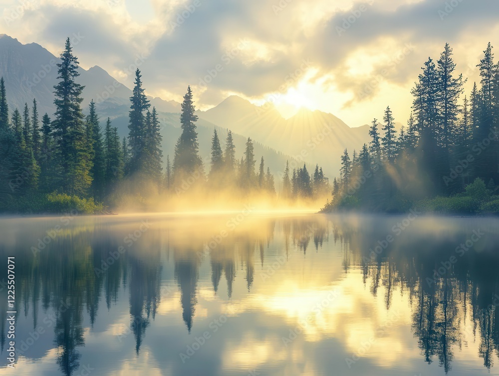 Fototapeta premium misty mountain lake at golden hour, ethereal sunbeams pierce through pine trees, creating mirror-like reflections on crystal clear water