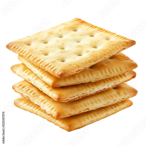 A close-up image showcases a stack of four square, golden-brown crackers, suggesting a crispy and delicious snack. photo