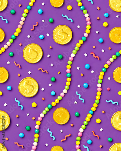 Festive Mardi Gras Seamless Pattern with Beads and Confett photo