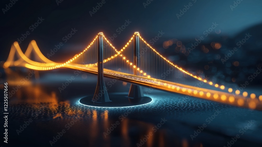 Fototapeta premium Illuminated bridge at night with glowing reflections