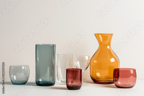 A vibrant and colorful glassware set for 2025 featuring bold jewel tones like emerald green, sapphire blue, and ruby red. photo