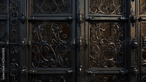 Details, structure and ornaments of forged iron gate. Decorative ornamen with flowers made from metal. Generative AI  photo