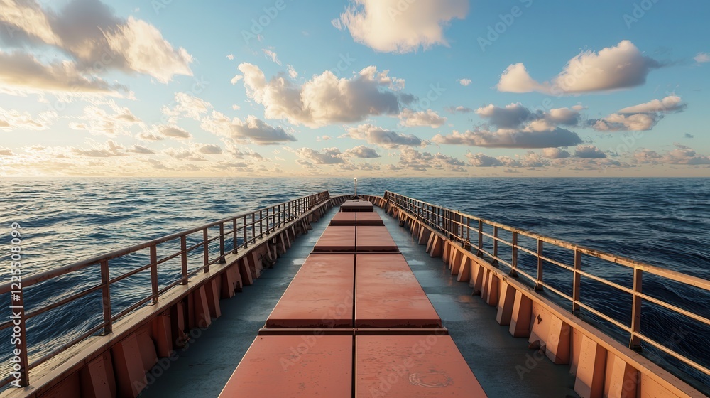 Fototapeta premium Cargo Ship in Open Ocean Loaded with Bulk Containers at Sunset