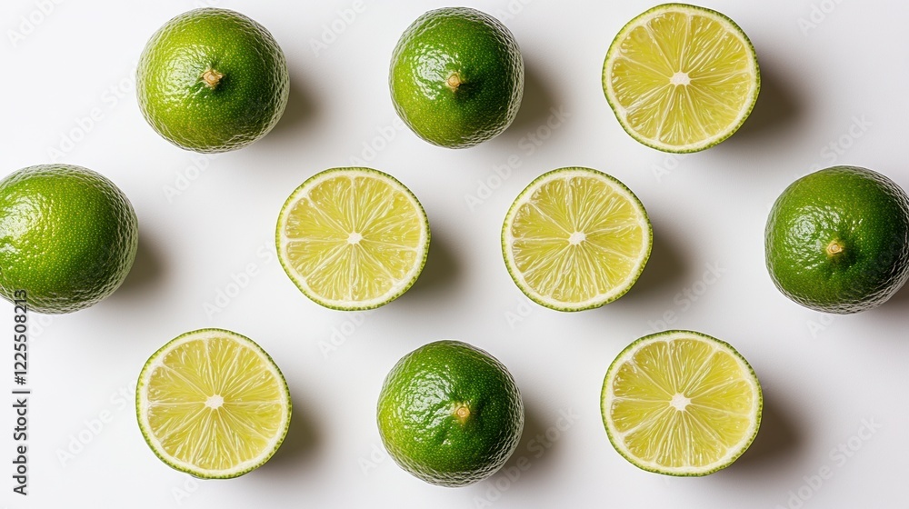 Fresh Limes, Whole and Halved, Flat Lay Fresh Limes, Whole and Halved, Flat Lay
