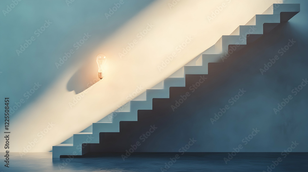 Light bulb floating next to a minimalist staircase  -