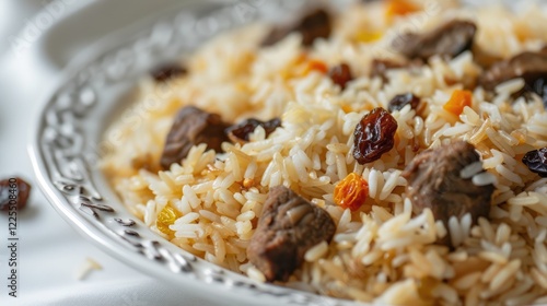 Closeup of Kebuli Rice with Lamb and Raisin on White Background photo