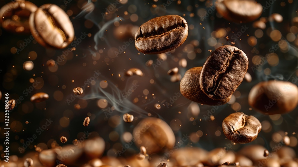 Coffee beans falling on dark background with space for text, close-up Coffee beans falling on dark background with space for text, close-up