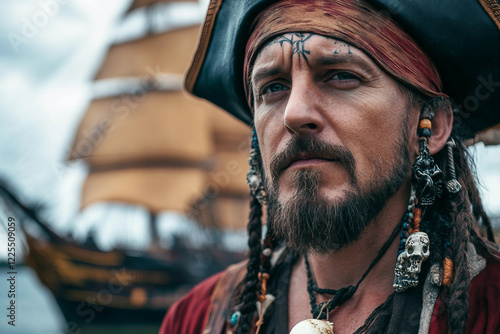 Vivid portrait of a fierce pirate captain with intense expression and detailed costume, ai generative photo