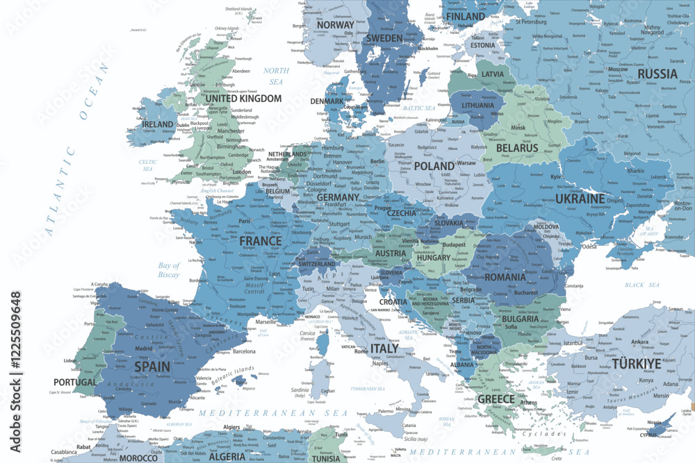Naklejka premium Europe Map Colored - Faded Pastel Blue Green Colors - stock vector illustration
