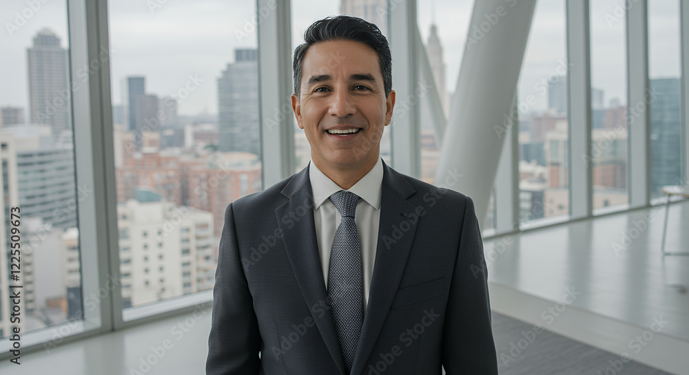 Confident Businessman Smiling in Modern Office with City View Confident Businessman Smiling in Modern Office with City View
