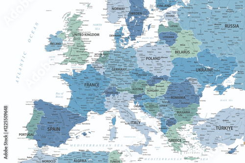 Europe Map Colored - Faded Pastel Blue Green Colors - stock vector illustration