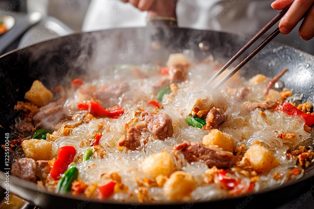Stir-frying savory noodles with vegetables and meat in a busy kitchen setting Stir-frying savory noodles with vegetables and meat in a busy kitchen setting