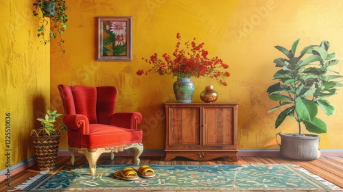 Cozy living room decor with kilim rug, red armchair, wooden sideboard, floral vase, slippers, yellow wall, green rug, and personal items. photo