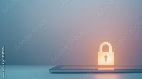 detailed view of secure login interface on tablet lock icon glowing brightly under soft lighting photo