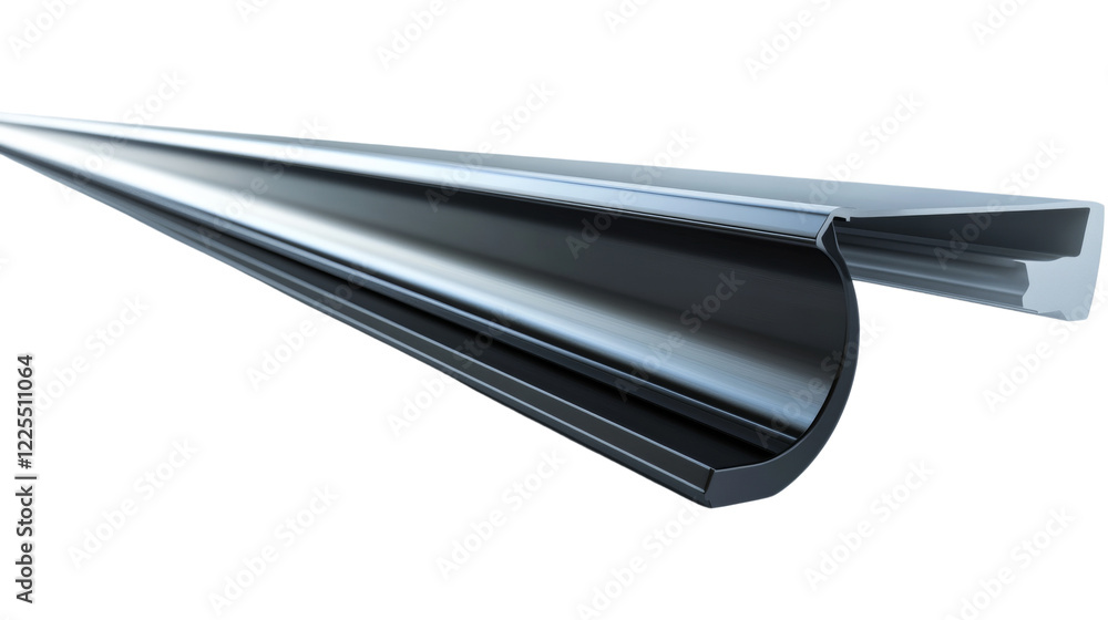A detailed close-up image showcases a metallic gutter section, highlighting its design and material properties. A detailed close-up image showcases a metallic gutter section, highlighting its design and material properties.