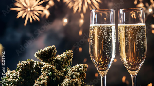 Marijuana buds next to two glasses of champagne with fireworks in the background, symbolizing Cannabis-themed New Year's Eve sales  -