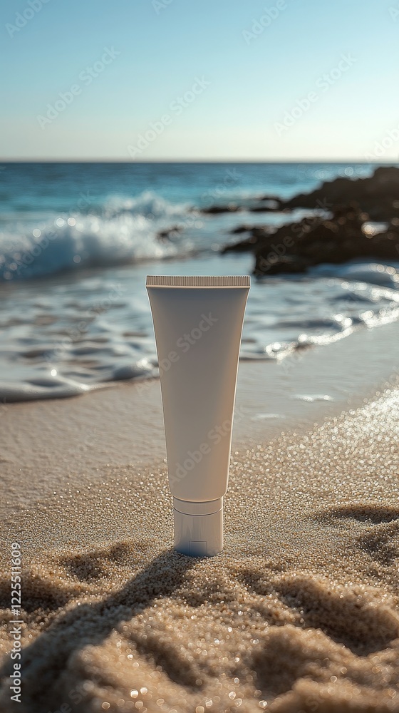A sunscreen tube on a pristine beach, highlighting summer care and outdoor relaxation themes.