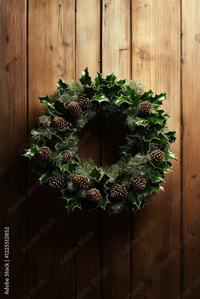 wreath of holly and pinecones hanging on rustic wooden door highlighted by natural sunlight and shadows wreath of holly and pinecones hanging on rustic wooden door highlighted by natural sunlight and shadows