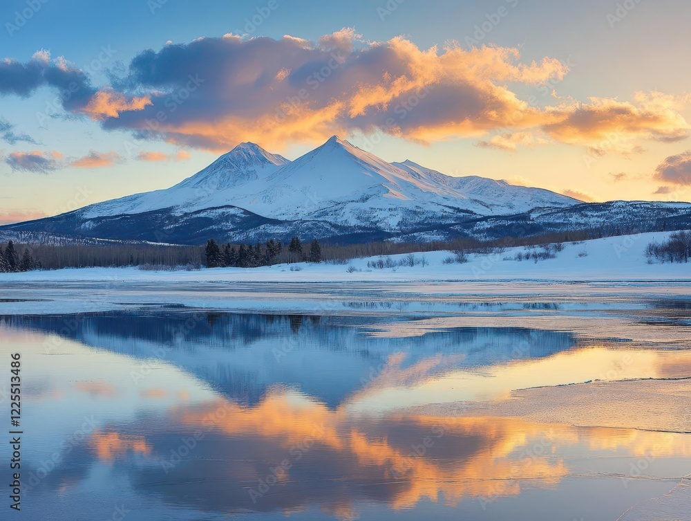 Naklejka premium tranquil winter landscape, pristine snow-covered peaks reflect in crystal-clear alpine lake, dramatic clouds catch golden sunset light