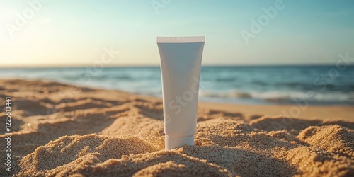 A sunscreen tube on a pristine beach, highlighting summer care and outdoor relaxation themes.