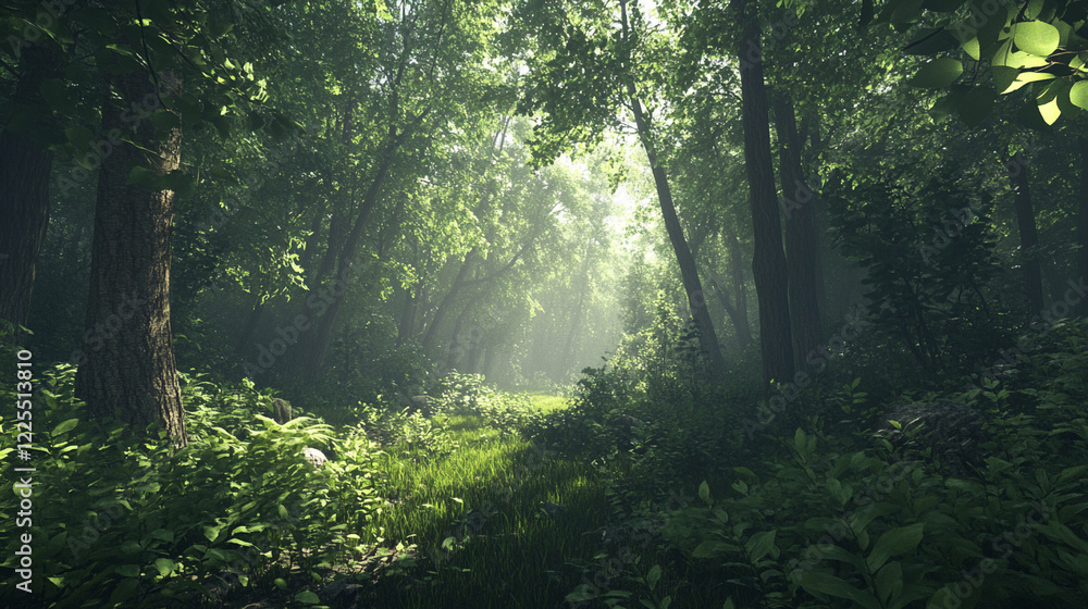 Fototapeta premium Sunlight shining through trees in magical forest. ai generation
