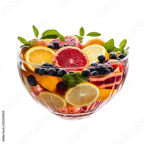 A clear glass bowl is brimming with sliced citrus fruits like oranges, lemons, and grapefruits, interspersed with blueberries and fresh mint leaves. photo