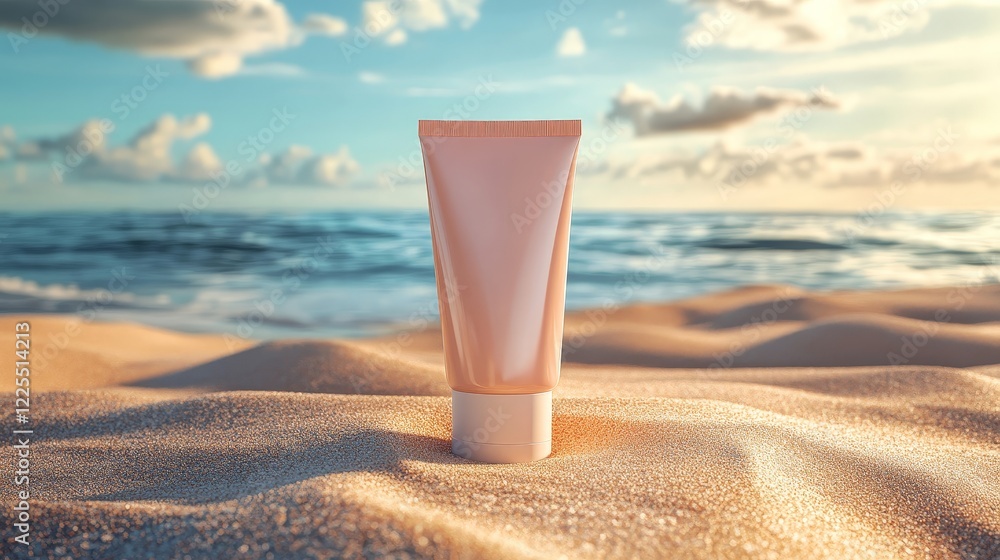 A sunscreen tube on a pristine beach, highlighting summer care and outdoor relaxation themes. A sunscreen tube on a pristine beach, highlighting summer care and outdoor relaxation themes.