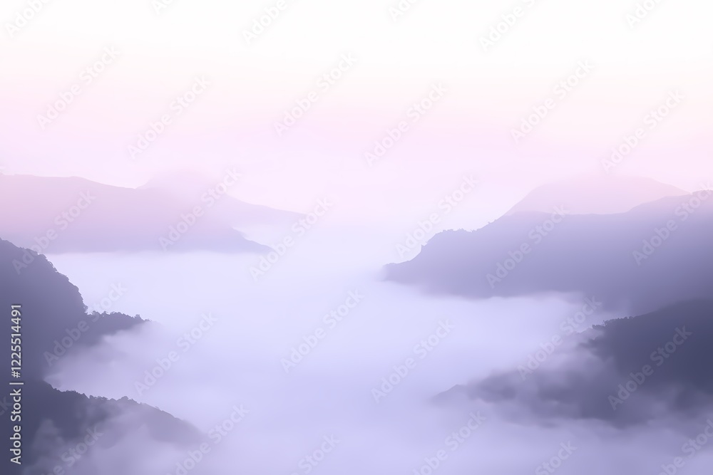 Obraz premium Ethereal Misty Mountains. A mystical, ethereal landscape featuring soft, mist-covered mountains fading into a dreamy pastel sky. The scene is bathed in gentle light, with subtle hues of lavender