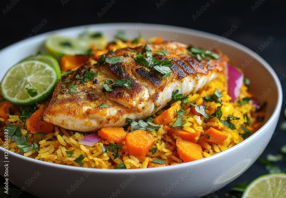 Grilled Fish Fillet Served over Flavored Rice with Vegetables and Herbs Grilled Fish Fillet Served over Flavored Rice with Vegetables and Herbs