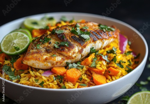 Grilled Fish Fillet Served over Flavored Rice with Vegetables and Herbs photo