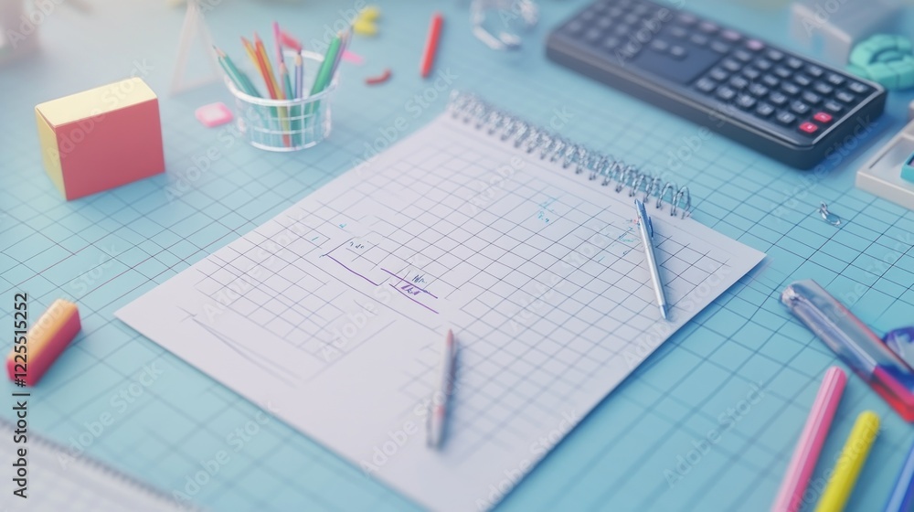 Grid Paper Notebook With Pencils And Calculator On Desk Grid Paper Notebook With Pencils And Calculator On Desk