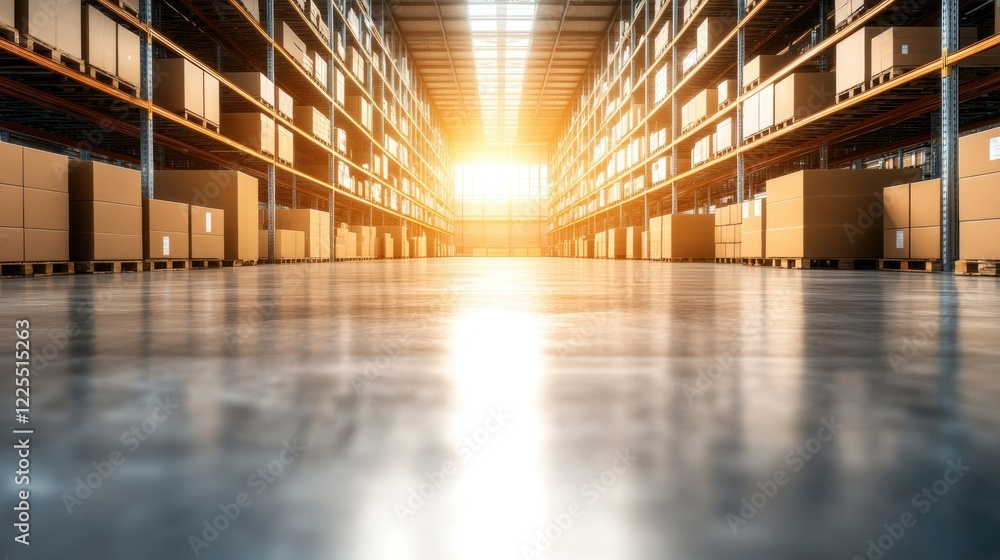 Sunlit Warehouse Interior with Cardboard Boxes on Shelves Sunlit Warehouse Interior with Cardboard Boxes on Shelves