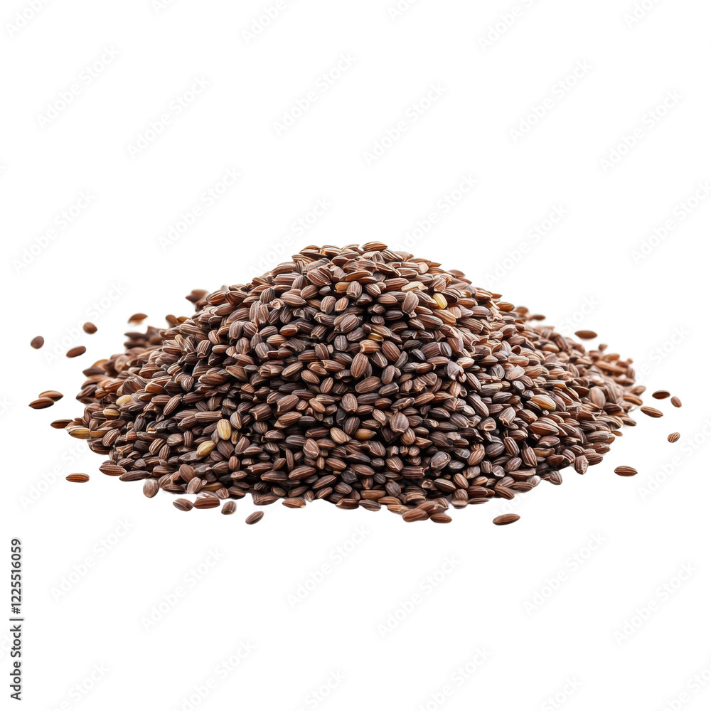 A close up image shows a pile of dark brown rice grains against a black background. A close up image shows a pile of dark brown rice grains against a black background.