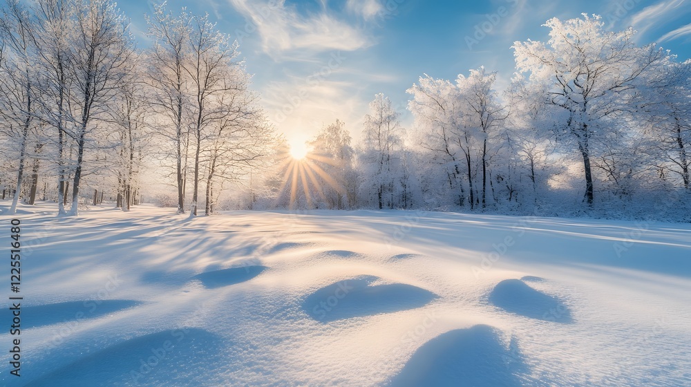 Serene Winter Landscape with Frosted Trees and Snowy Ground at Sunrise Serene Winter Landscape with Frosted Trees and Snowy Ground at Sunrise