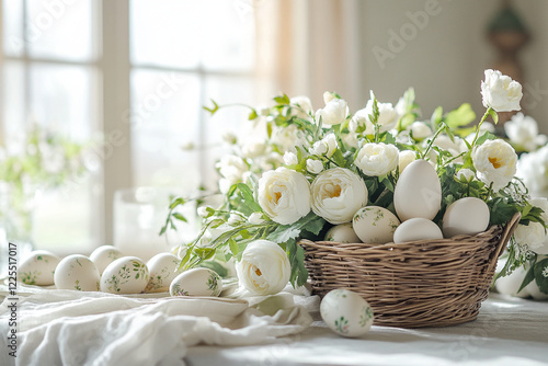 Stylish easter eggs with spring flowers in the Basket. ai generation 