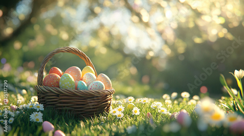Colorful easter eggs in a basket with Pastel Spring Flowers on the green fresh grass. ai generation 