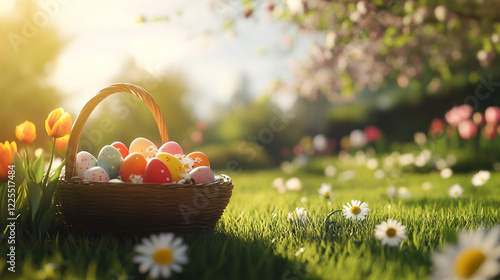 Colorful easter eggs in a basket with Pastel Spring Flowers on the green fresh grass. ai generation 